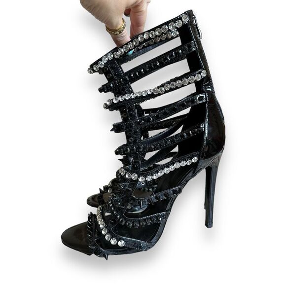I AM JENNIFER LE Razor High Heel Black Patent Leather Crystal Sandals Size 39 - Picture 8 of 12